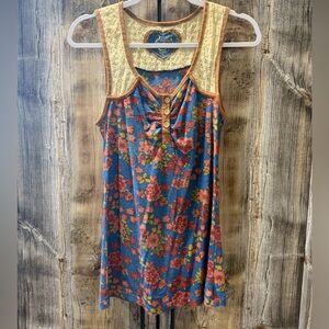 Scrapbook Tan and Blue Floral Top